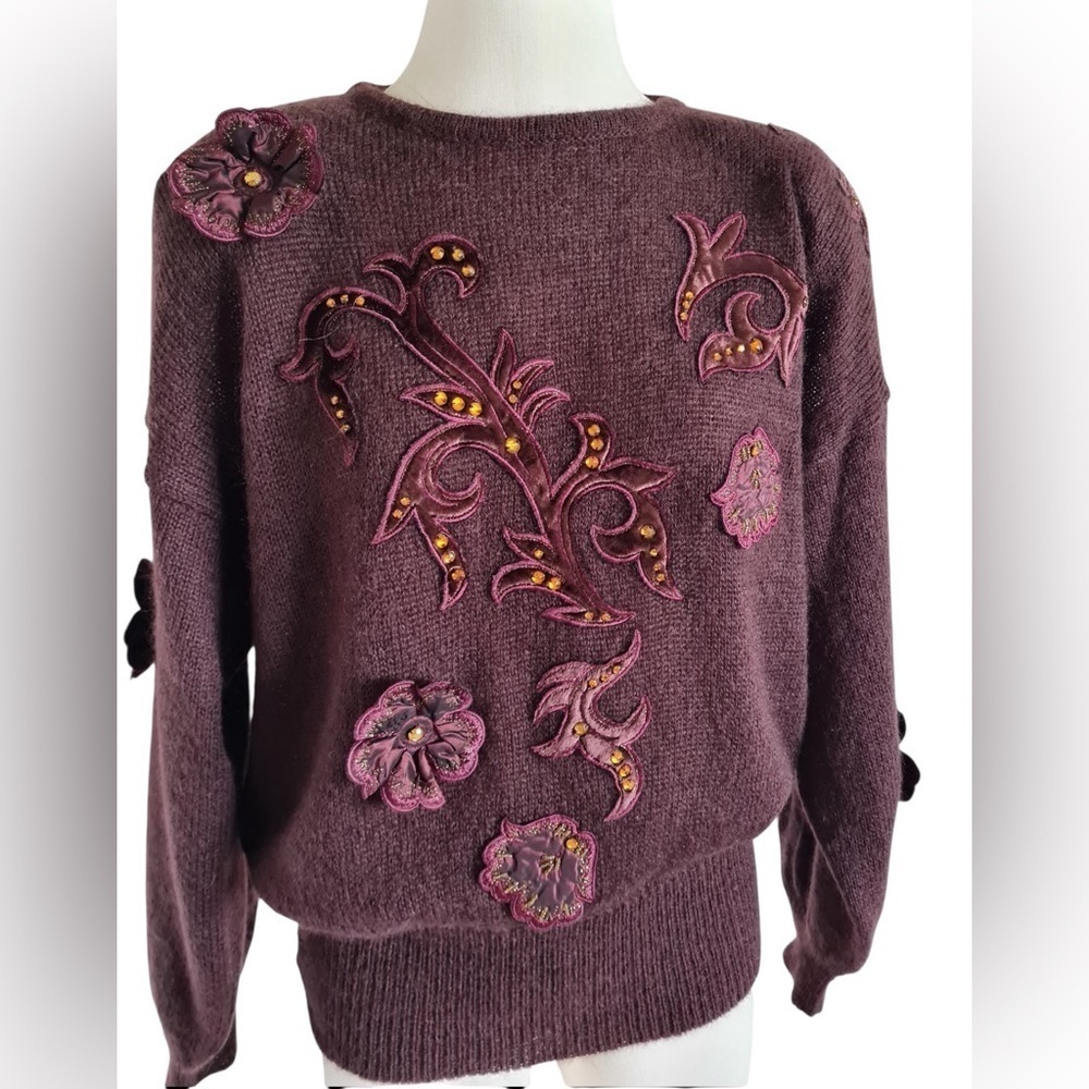 VTG 80’s ESCADA Sz 36 Purple Brown Plum Mohair Sweater Velvet Appliqué Beading